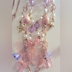 Necklace Hearts, Butterflies Flowers, Crystals Pink, Lavender, Acrylic, Magical